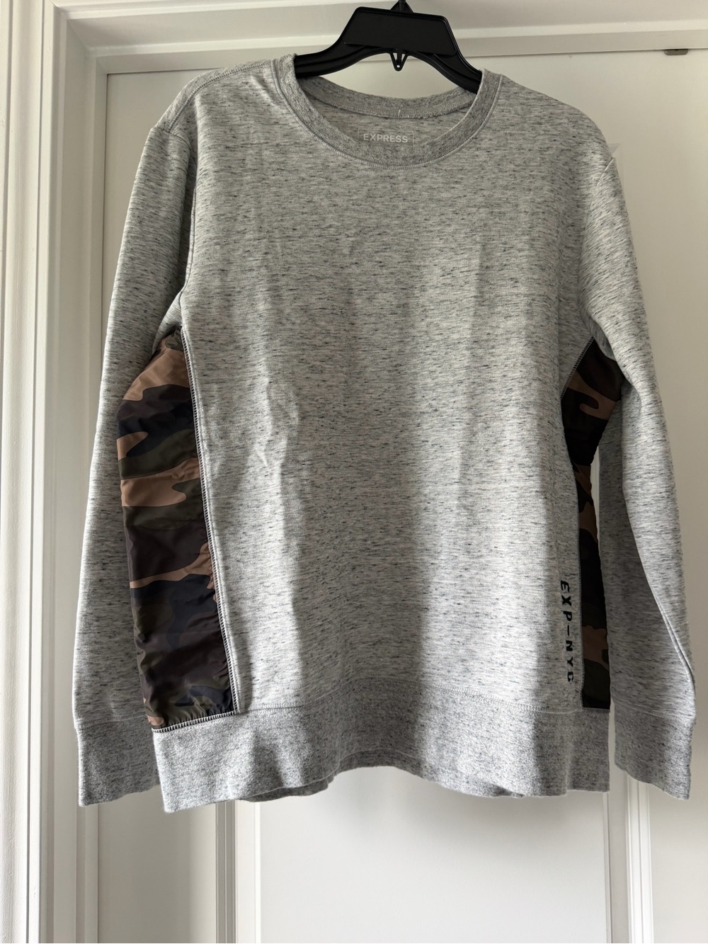 Express Men's Light Gray Crewneck Sweatshirt with Camo Panels